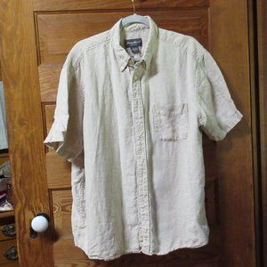 Eddie Bauer Men's Khaki 100% Linen Button Up Short Sleeved Shirt XL